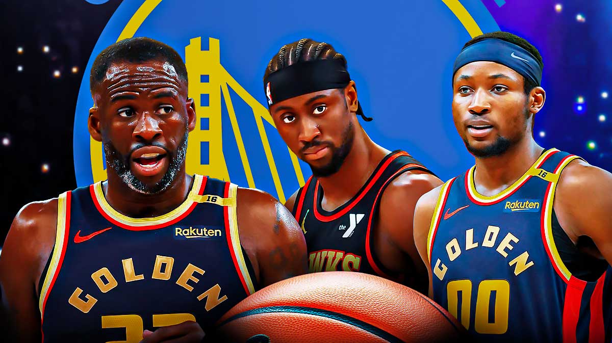 Warriors forward Draymond Green next to Hawks guard Caris LeVert with Warriors forward Jonathan Kuminga and the Warriors logo in the background