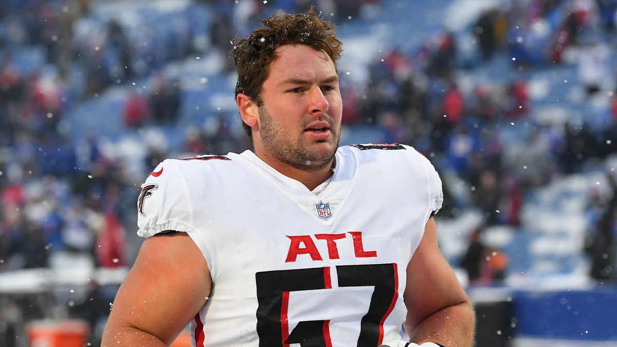 Atlanta Falcons center Drew Dalman (67) following the game against the Buffalo Bills at Highmark Stadium.