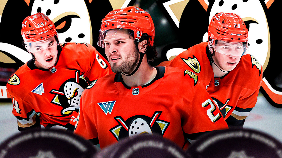 Mason McTavish, Sam Colangelo and Jackson LaCombe in image, Anaheim Ducks logo in background, hockey rink in background
