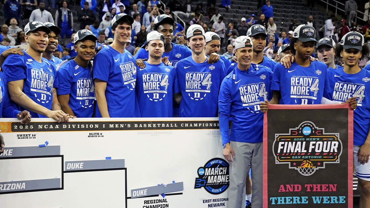 Duke Blue Devils head coach Jon Scheyer celebrates with his team after beating the Alabama Crimson Tide in the East Regional final of the 2025 NCAA tournament at Prudential Center. Mandatory Credit: Robert Deutsch-Imagn Images