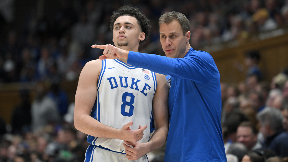 Duke Blue Devils head coach Jon Scheyer directs Duke Blue Devils guard Darren Harris (8) during the second half at Cameron Indoor Stadium. Mandatory Credit: Zachary Taft-Imagn Images