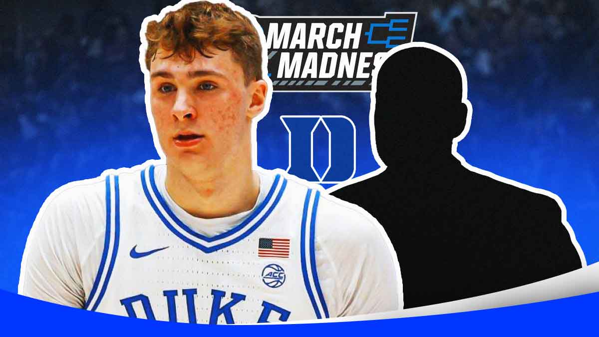 Cooper Flagg, silhouette of Jay Bilas, Duke and NCAA Tournament logos, fire symbols