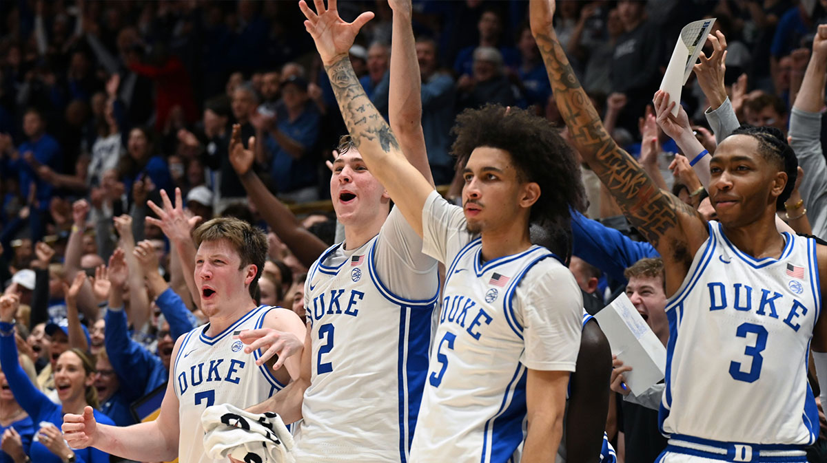 Duke Blue Devils forward Kon Knueppel (7) forward Cooper Flagg (2) guard Tyrese Proctor (5) and forward Isaiah Evans (3) react during the second half against the Wake Forest Demon Deacons at Cameron Indoor Stadium. The Blue Devils won 93-60.