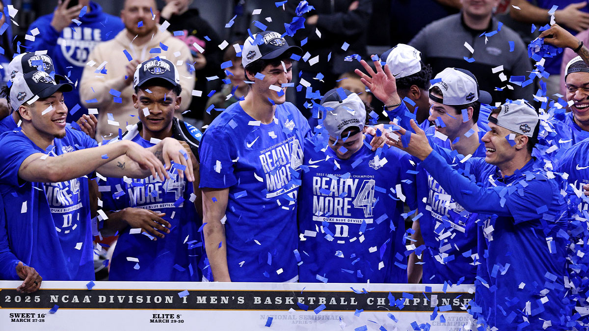 Duke Blue Devils head coach Jon Scheyer celebrates with his team after beating the Alabama Crimson Tide in the East Regional final of the 2025 NCAA tournament at Prudential Center. Mandatory Credit: Vincent Carchietta-Imagn Images