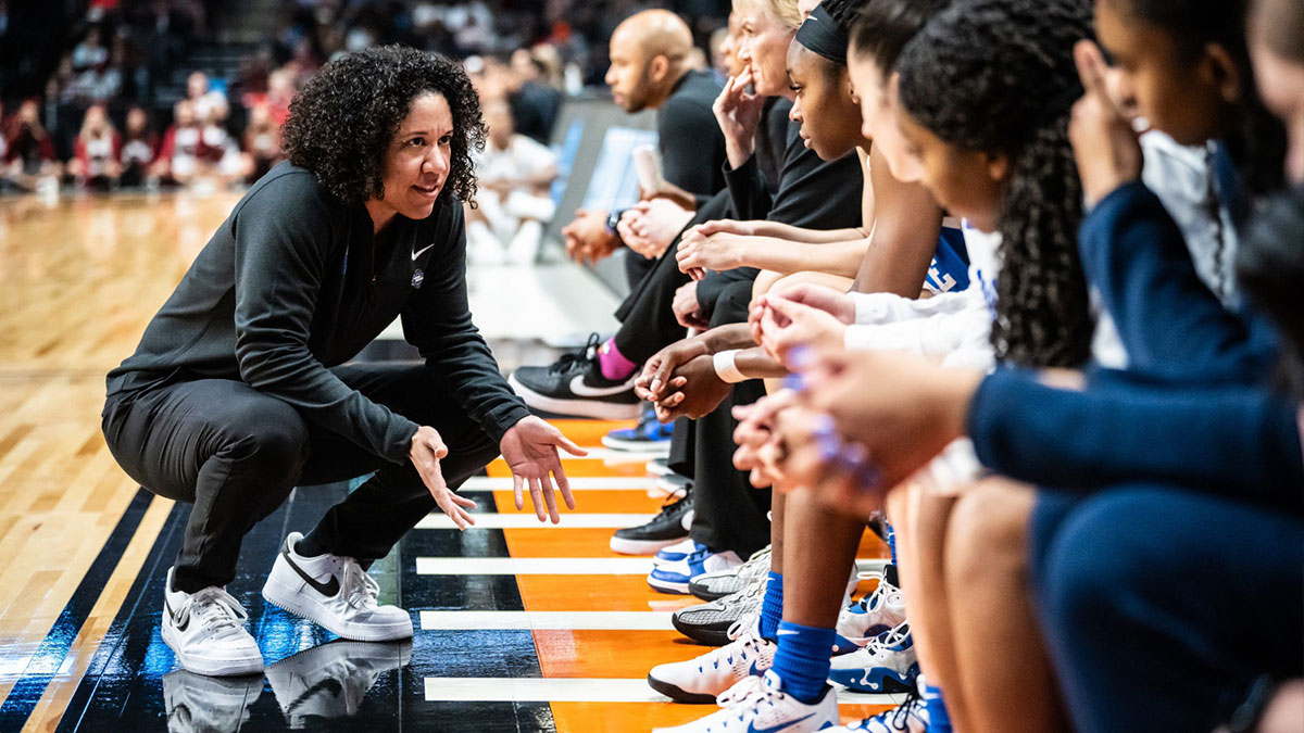 Duke women's basketball Blue Devils head coach Kara Lawson talks to her tam in the second half of the NCAA Regional Final game. The Gamecocks won the game and will advance to the Final Four.