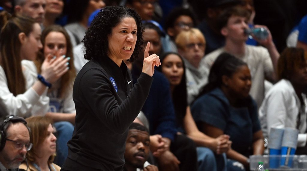Duke Blue Devils head coach Kara Lawson directs her team during the second half against the Oregon Ducks. The Blue Devils won 59-53.