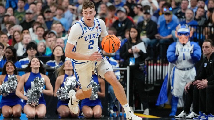 Duke Blue Devils forward Cooper Flagg (2) dribbles the ball against the Mount St. Mary's Mountaineers during the first half in the first round of the NCAA Tournament at Lenovo Center.