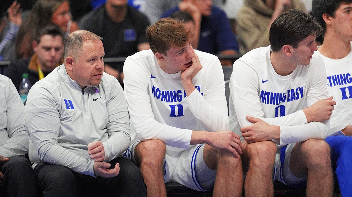 Duke Blue Devils forward Cooper Flagg (2) sits injured on the bench during the second half against the Georgia Tech Yellow Jackets at Spectrum Center.