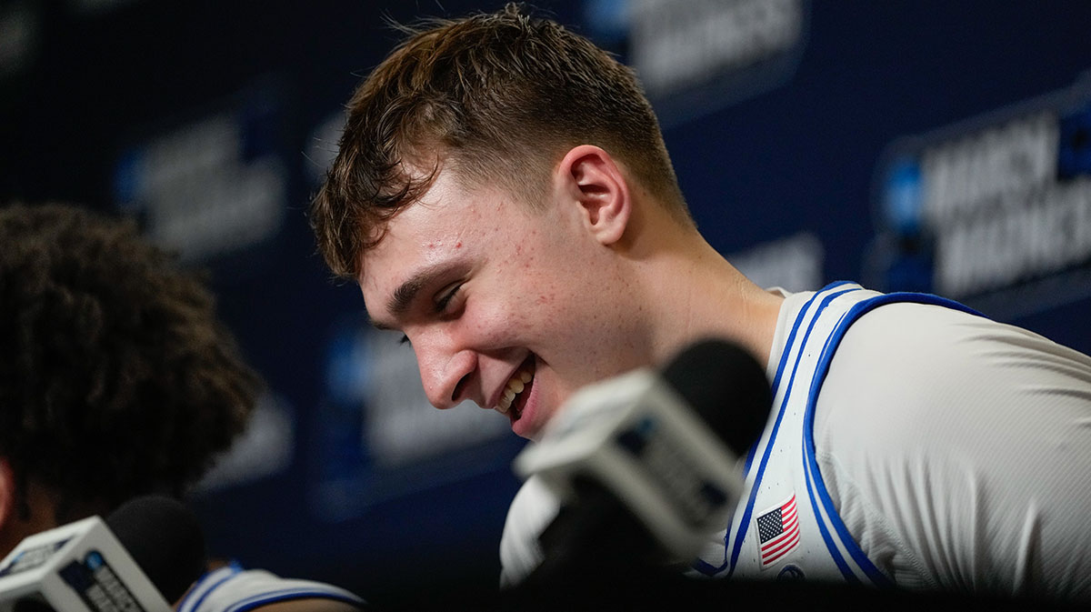 Duke Blue Devils forward Cooper Flagg (2) speaks to the media after the game against the Mount St. Mary's Mountaineers in the first round of the NCAA Tournament at Lenovo Center.