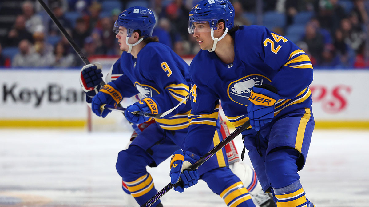 Buffalo Sabres center Dylan Cozens (24) skates with the puck during the second period against the New York Rangers at KeyBank Center.