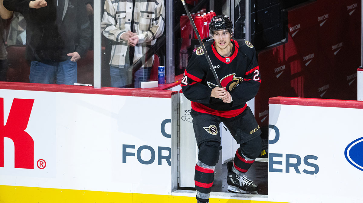 Ottawa Senators center Dylan Cozens (24) is named the second star after scoring his first goal as a Senators in their game against the Detroit Red Wings at the Canadian Tire Centre.