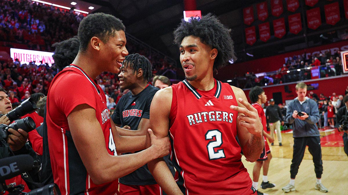 Rutgers Scarlet Knights guard Dylan Harper (2) and guard Ace Bailey (4) celebrate after defeating the Seton Hall Pirates at Jersey Mike's Arena.