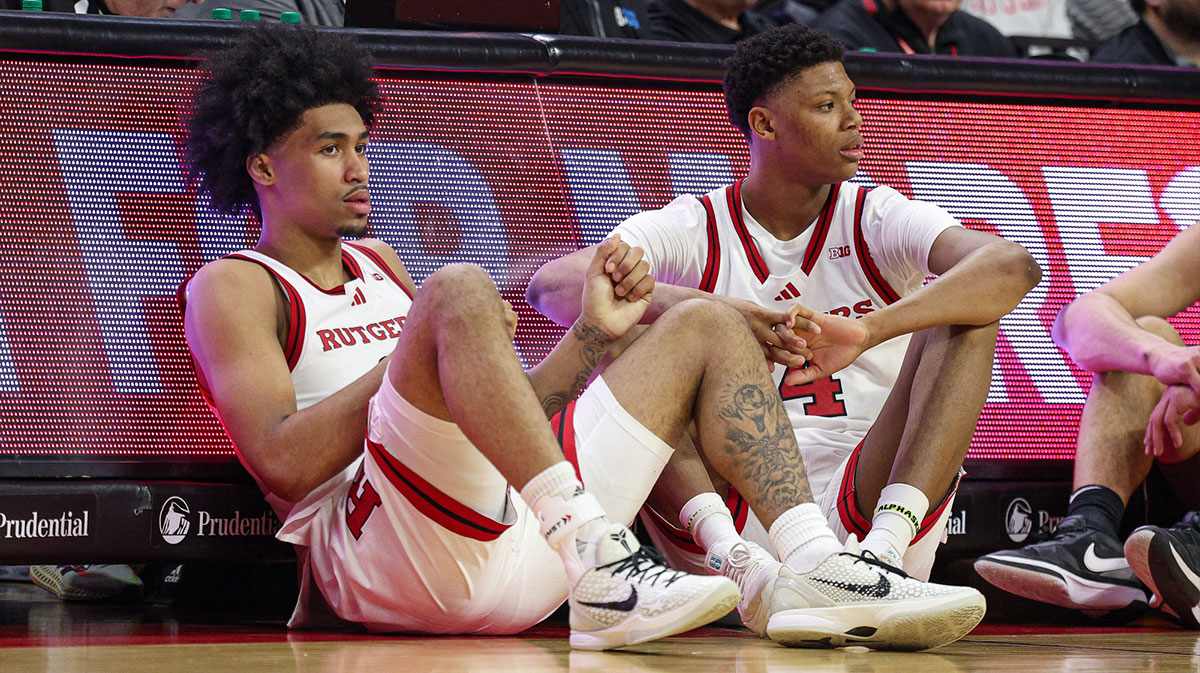 Rutgers Scarlet Knights and NBA Draft prospect guard Dylan Harper (2) and Rutgers Scarlet Knights guard Ace Bailey (4) looks on during the second half against the Minnesota Golden Gophers at Jersey Mike's Arena.