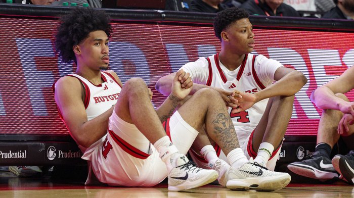 Rutgers Scarlet Knights and NBA Draft prospect guard Dylan Harper (2) and Rutgers Scarlet Knights guard Ace Bailey (4) looks on during the second half against the Minnesota Golden Gophers at Jersey Mike's Arena.