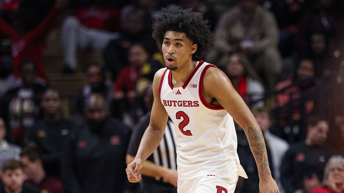 Rutgers Scarlet Knights guard Dylan Harper (2) in action during overtime against the Minnesota Golden Gophers at Jersey Mike's Arena.