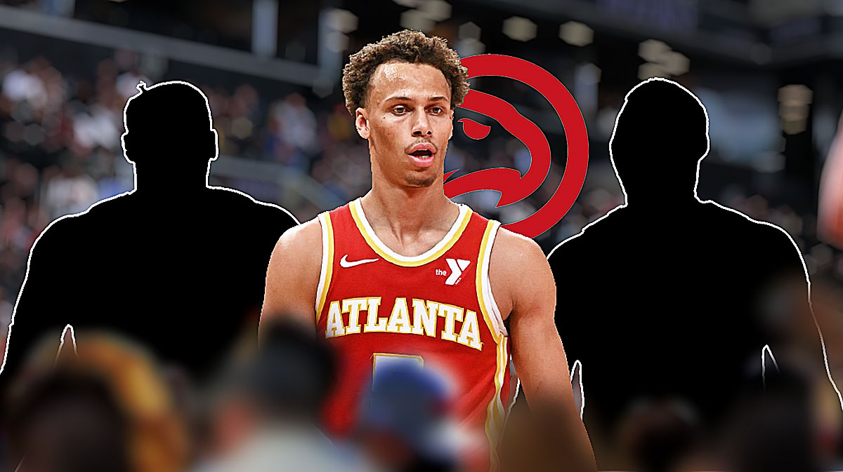 Lu Dort and Marcus Smart as silhouettes. Dyson Daniels with a Hawks logo near him.