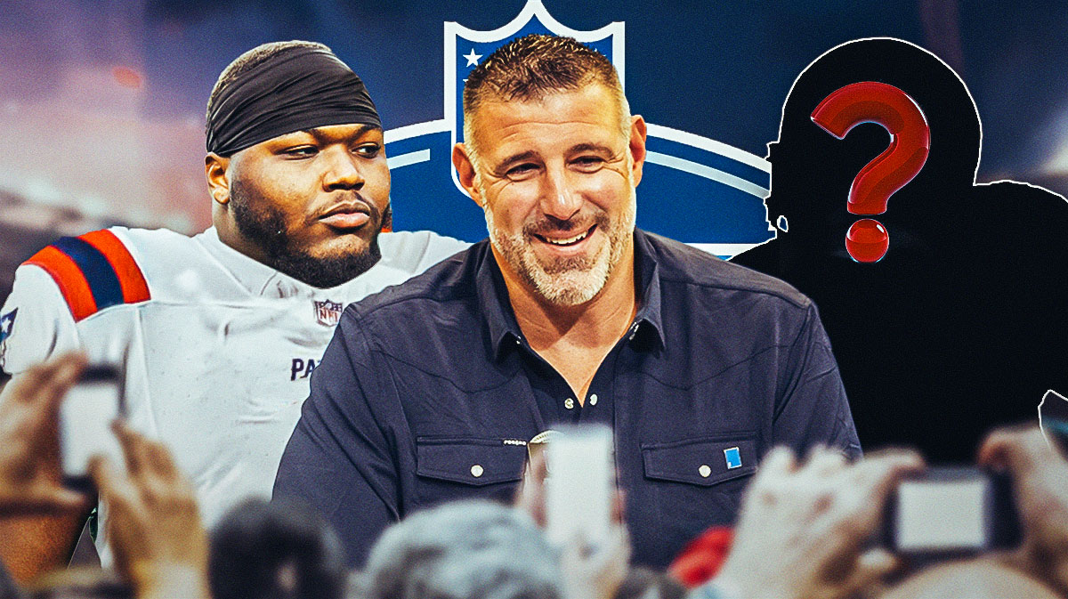 Milton Williams in a Patriots uniform. He is next to Patriots head coach Mike Vrabel and a silhouette of an American football player with a big question mark emoji inside. There is also a logo for the 2025 NFL Draft.