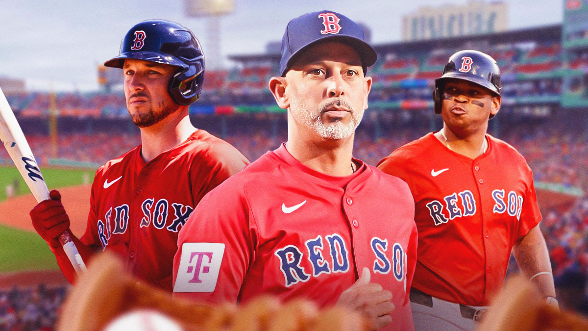 Boston Red Sox manager Alex Cora in the middle with Alex Bregman (in a red sox uniform) and Rafael Devers in front of Fenway Park.
