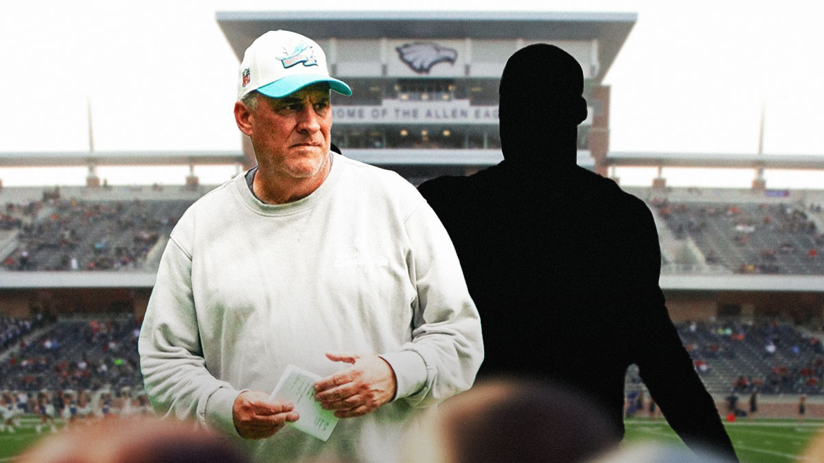 Vic Fangio next to the blacked-out silhouette of Jonathan Simmons at the Eagles stadium.