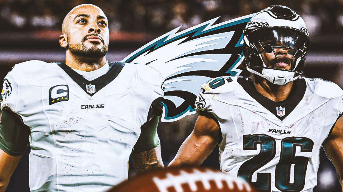 RB AJ Dillon in an Eagles uniform. He is next to Eagles RB Saquon Barkley. There is also a logo for the Philadelphia Eagles.