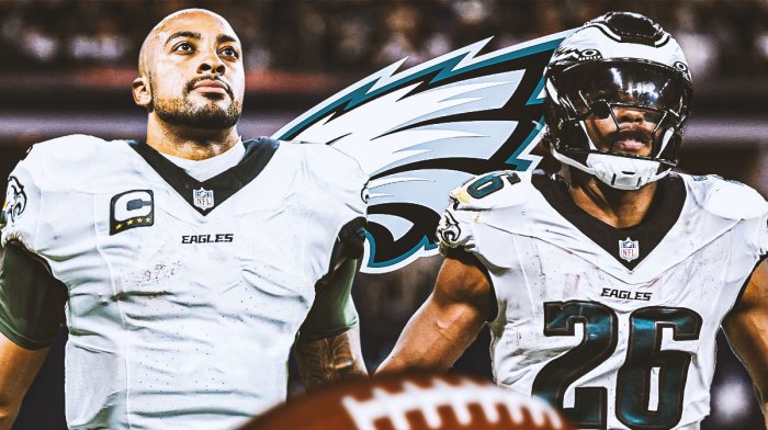 RB AJ Dillon in an Eagles uniform. He is next to Eagles RB Saquon Barkley. There is also a logo for the Philadelphia Eagles.