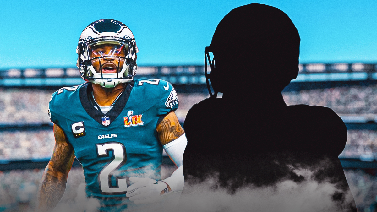 Darius Slay next to the blacked-out silhouette of Reed Blankenship in front of the Eagles stadium.