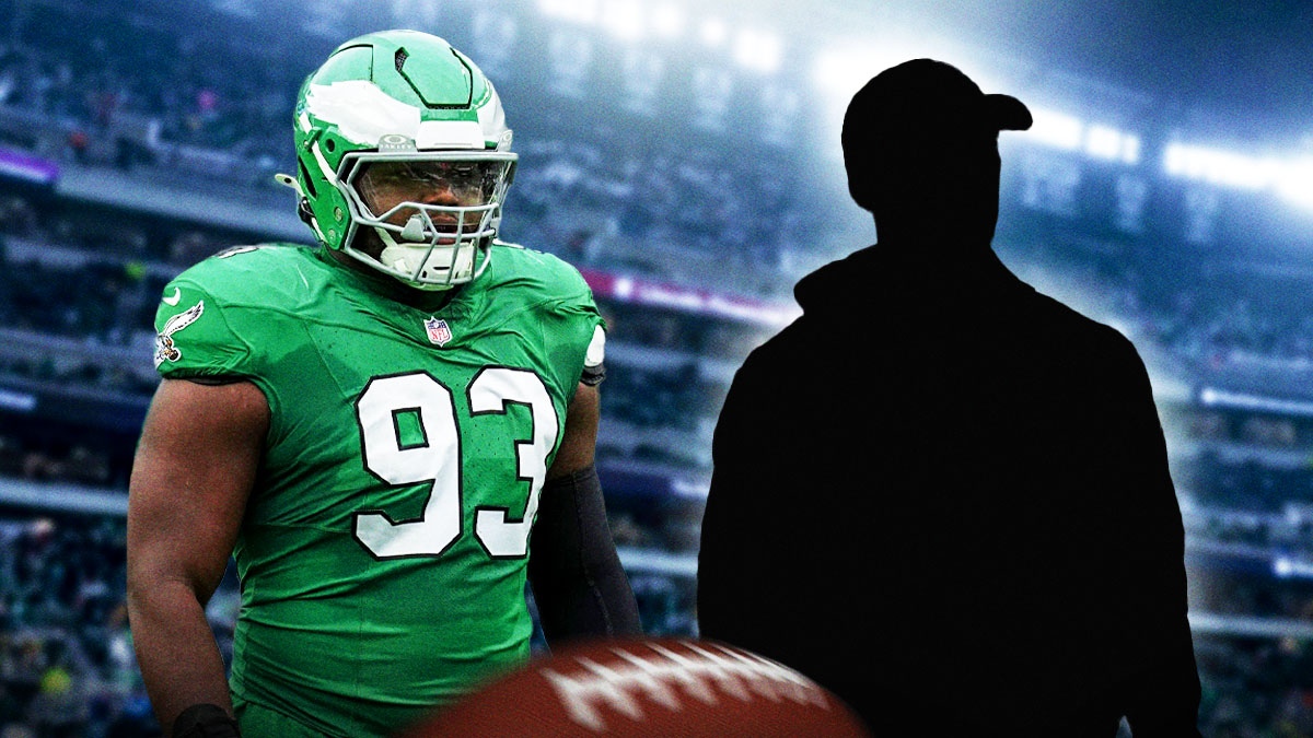 Milton Williams next to the blacked-out silhouette fo Jonathan Gannon on the Eagles football field.