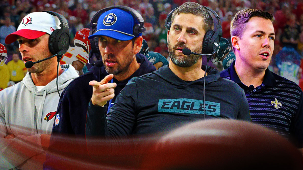 Eagles HC Nick Sirianni pointing at HC Kellen Moore in Saints gear, HC Shane Steichen in Colts gear, and Joanthan Gannon in Cardinals gear with pictrure of tush push in background.
