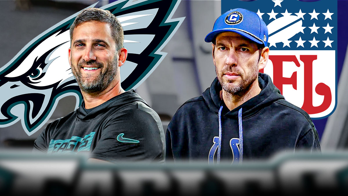 Eagles logo next to Nick Sirianni and Shane Steichen next to NFL logo.