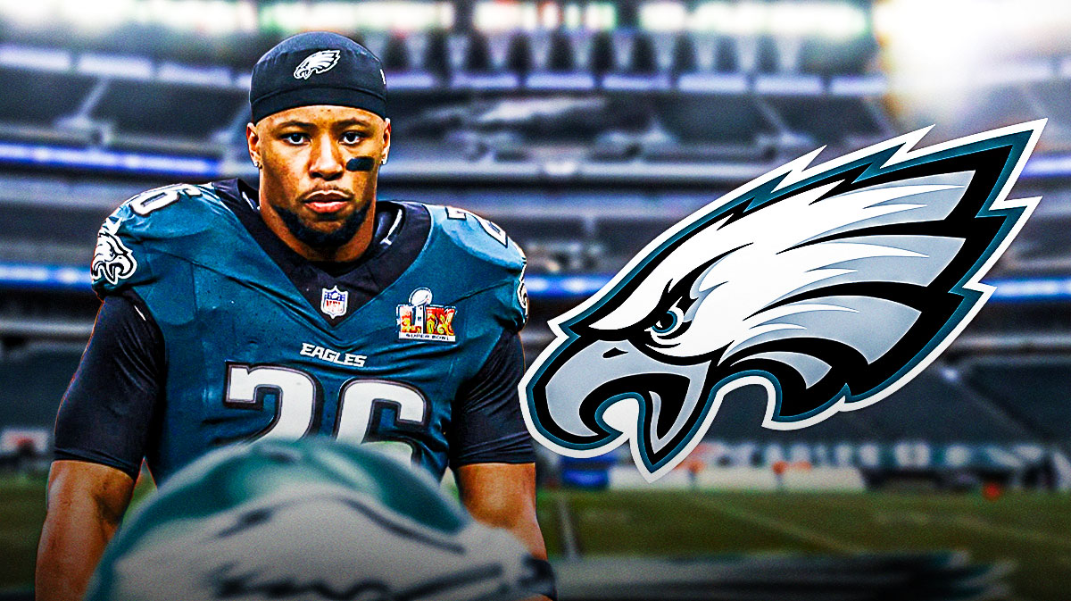 Saquon Barkley smiling and surrounded by heart emojis. Philadelphia Eagles logo next to him.