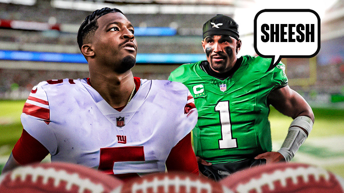 Jalen Hurts with a text bubble reading "Sheesh" next to Jameis Winston wearing a Giants uniform with the Eagles stadium as the background.