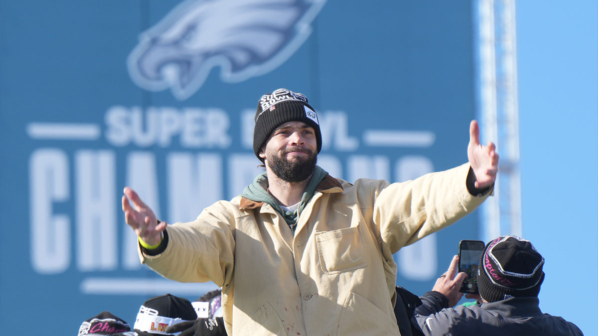 Philadelphia Eagles tight end Dallas Goedert (88) reacts during the Super Bowl LIX championship parade and rally.