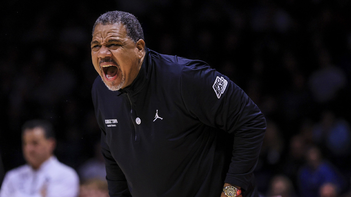 Georgetown Hoyas head coach Ed Cooley yells to his team in the second half in the game against the Xavier Musketeers at Cintas Center. 