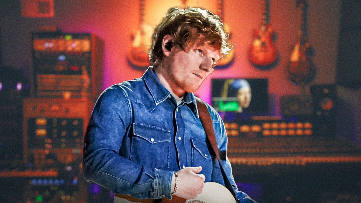Ed Sheeran, who is teasing new music and songs coming in 2025, with music studio background.