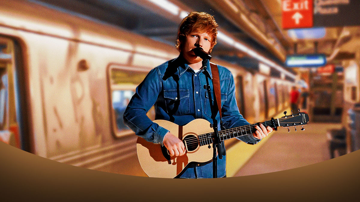 Ed Sheeran performing in a NYC subway as he did with Jimmy Fallon for The Tonight Show.