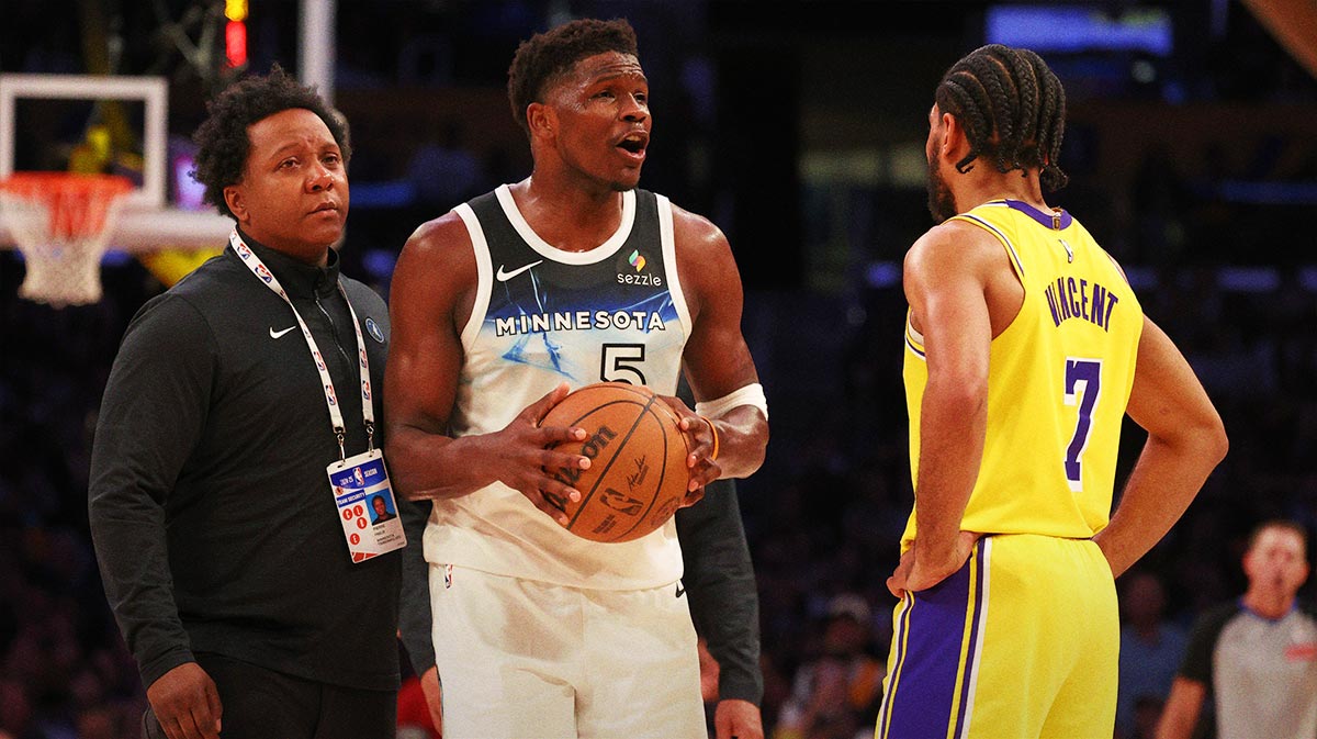 innesota Timberwolves guard Anthony Edwards (5) reacts after being ejected during the third quarter against the Los Angeles Lakers at Crypto.com Arena.