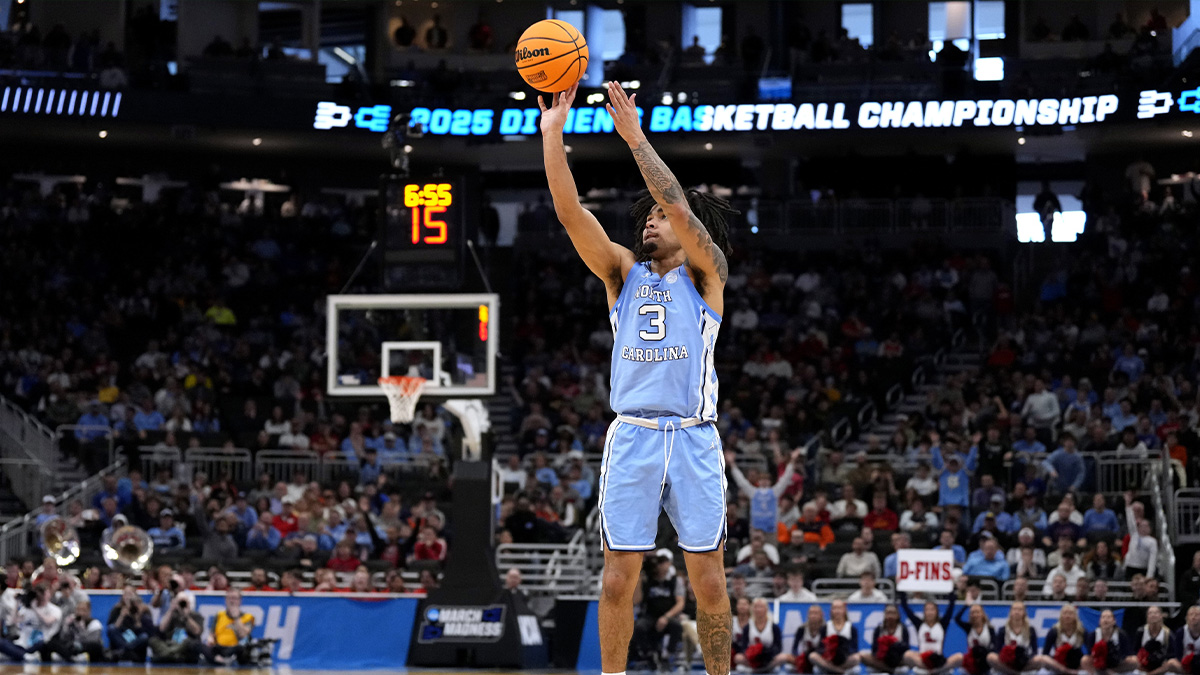 North Carolina Tar Heels guard Elliot Cadeau (3) shoots during the second half of a first round NCAA men’s tournament game against the Mississippi Rebels at Fiserv Forum.