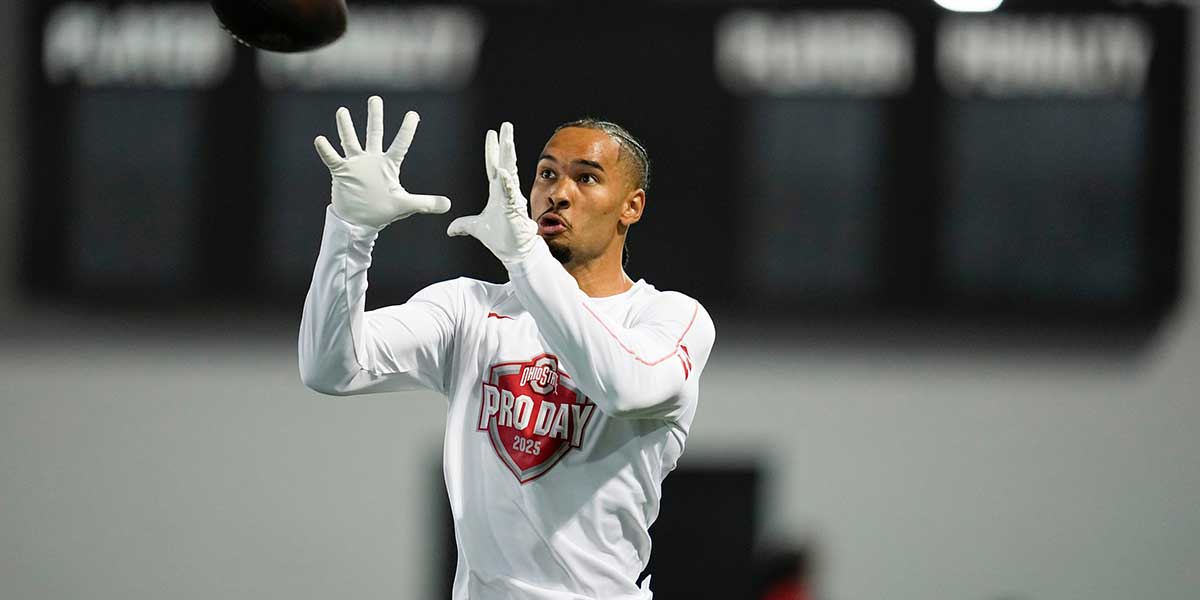 Ohio State Buckeyes wide receiver Emeka Egbuka catches a pass during the pro day for NFL scouts at the Woody Hayes Athletic Cente on March 26, 2025.
