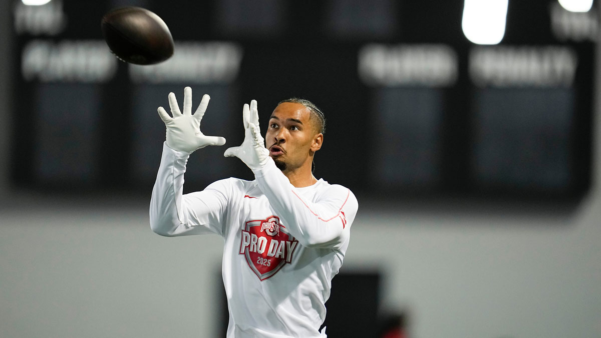Ohio State Buckeyes wide receiver Emeka Egbuka catches a pass during the pro day for NFL scouts at the Woody Hayes Athletic Cente on March 26, 2025.