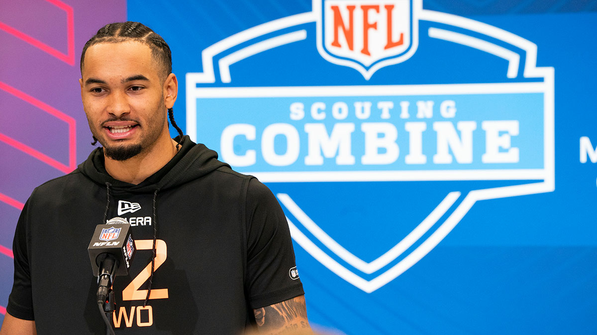 Ohio State wideout Emeka Egbuka (WO12) speaks during a press conference during the 2025 NFL Combine at Indiana Convention Center.