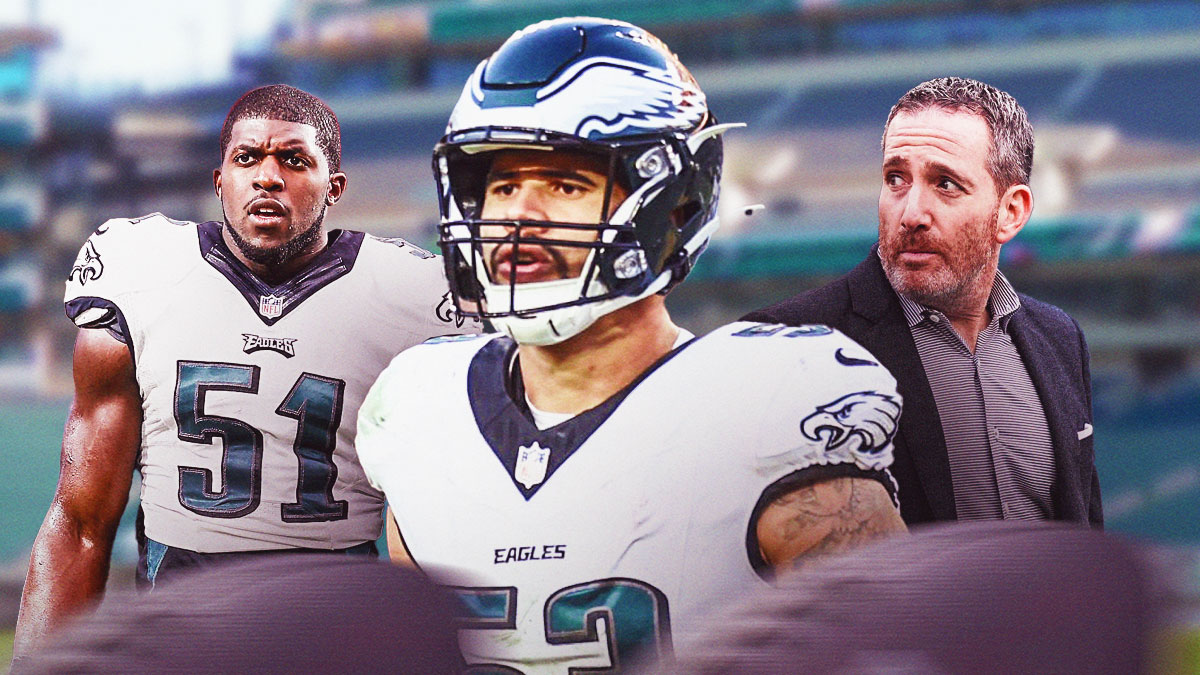 Emmanuel Acho next to Zack Baun and Howie Roseman in front of the Eagles stadium.