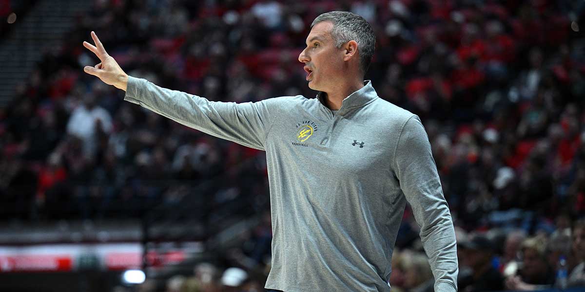 UC San Diego Tritons head coach Eric Olen gestures during the first half against the San Diego State Aztecs at Viejas Arena. Mandatory Credit: Orlando Ramirez-Imagn Images