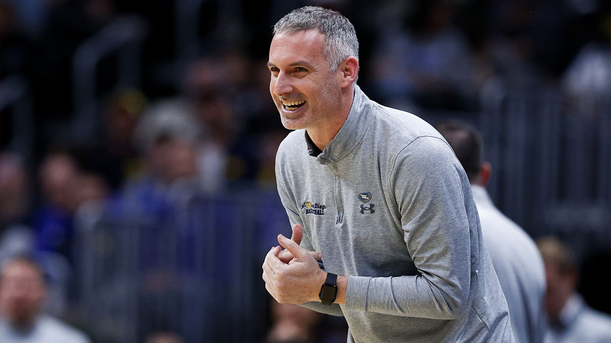 UC San Diego Tritons head coach Eric Olen reacts during the second half against the Michigan Wolverines at Ball Arena.