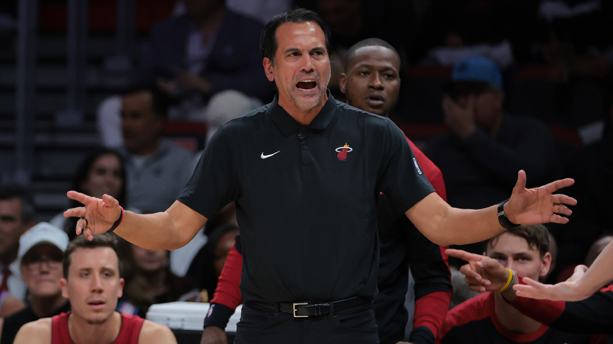 Miami Heat head coach Erik Spoelstra reacts against the Detroit Pistons during the third quarter at Kaseya Center.