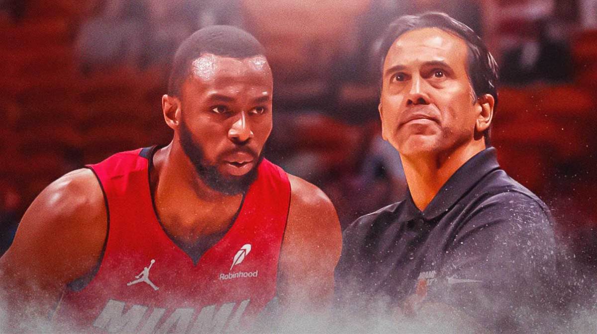 Miami Heat head coach Erik Spoelstra and Andrew Wiggins in front of Kaseya Center.