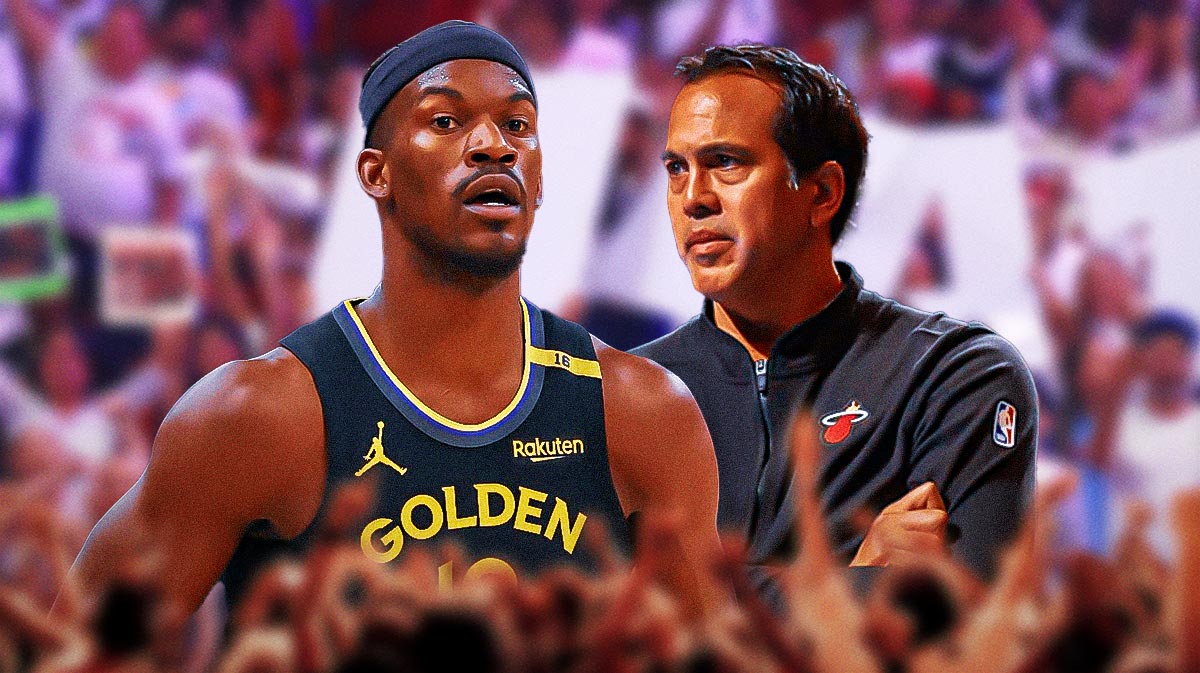 Miami Heat head coach Erik Spoelstra and Jimmy Butler in front of Kaseya Center.
