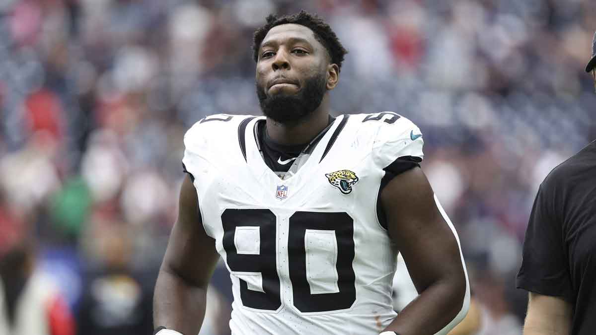 Jacksonville Jaguars defensive tackle Esezi Otomewo (90) after the game against the Houston Texans at NRG Stadium.