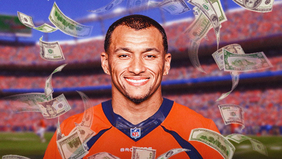 Evan Engram in a Broncos uniform surrounded by floating cash