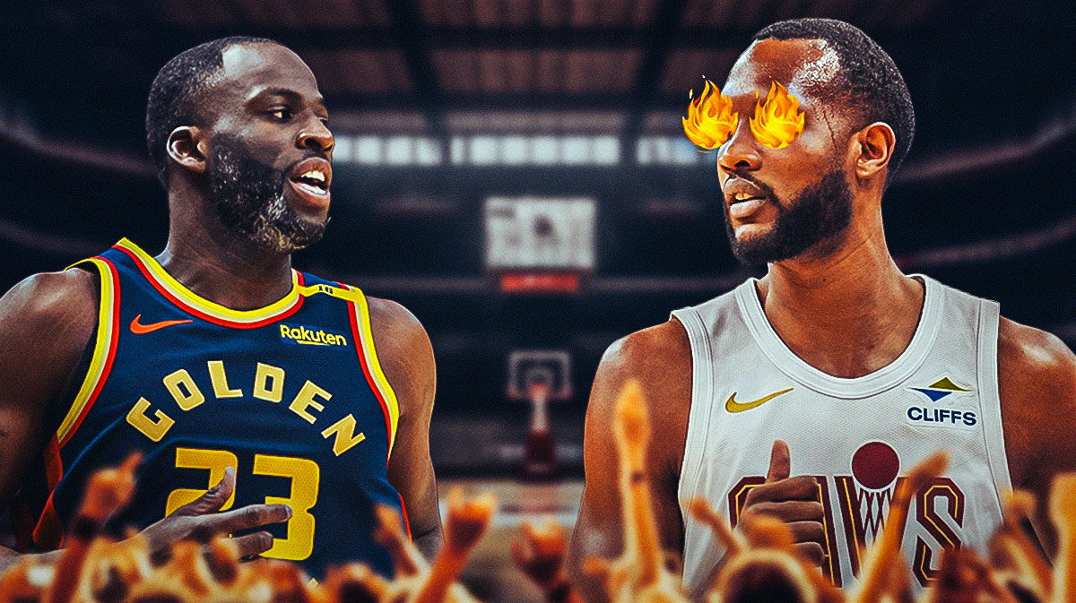 Evan Mobley (with fire in his eyes) standing next to Draymond Green featuring a Cavs-themed BG.