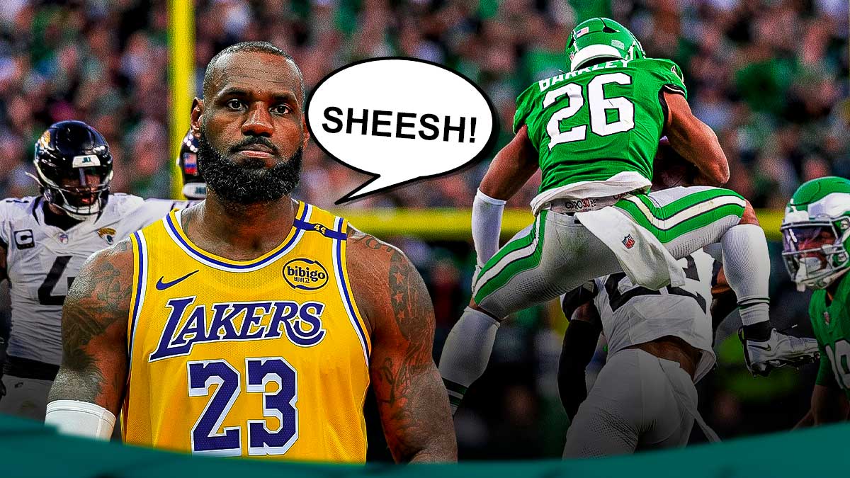 LeBron James with a text bubble reading "Sheesh!" next to Saquon Barkley doing his reserve hurdle against the Jaguars.